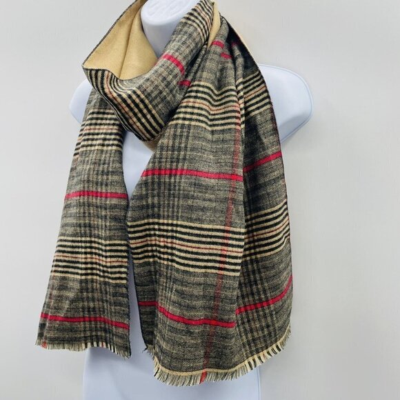 Top It Off Womens One Size Reversible Plaid & Solid Fringe Scarf Viscose 1390 - Picture 2 of 5